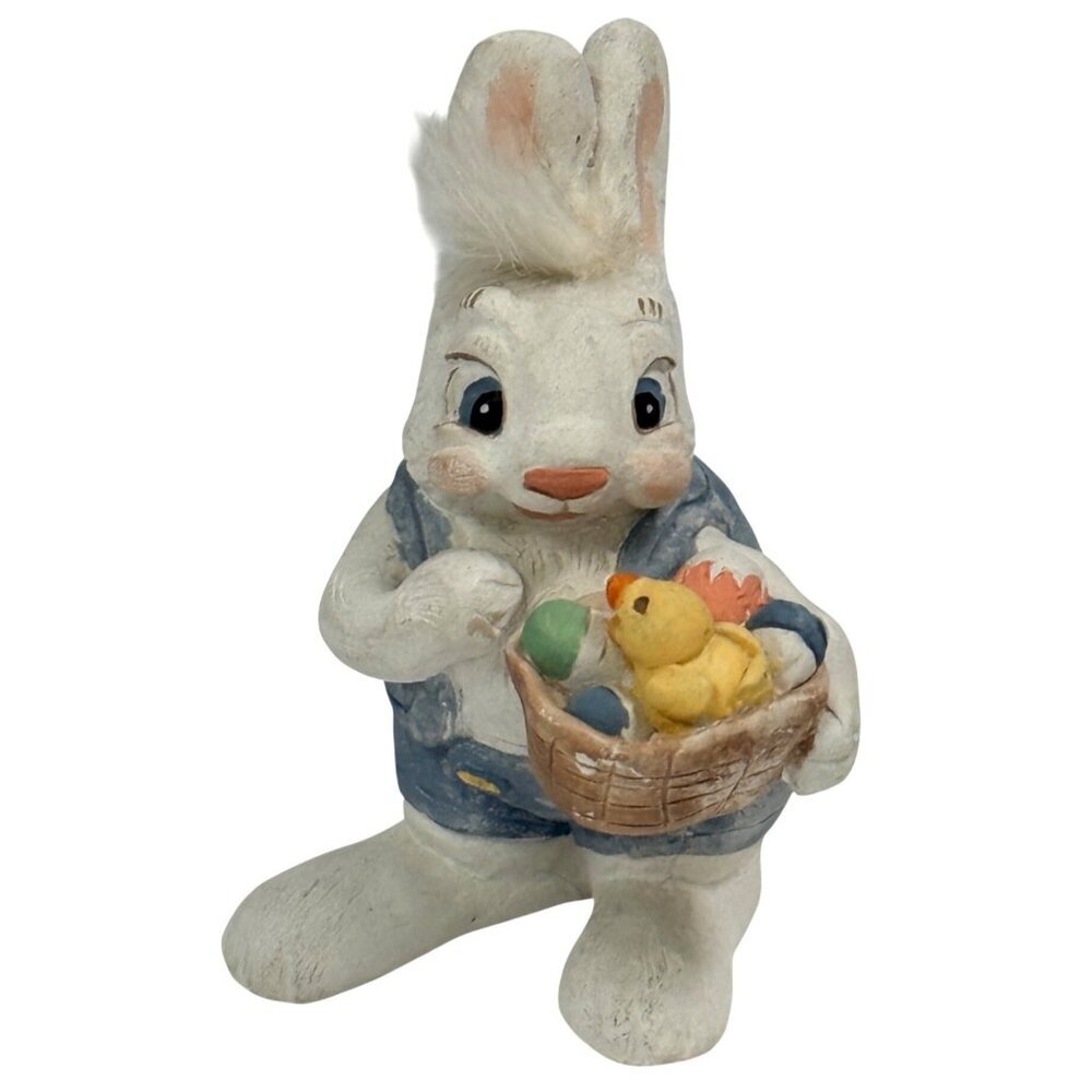 Vintage Easter Bunny Figurine Castware Rabbit w/ Chick 4.25" Signed Kristin 1994